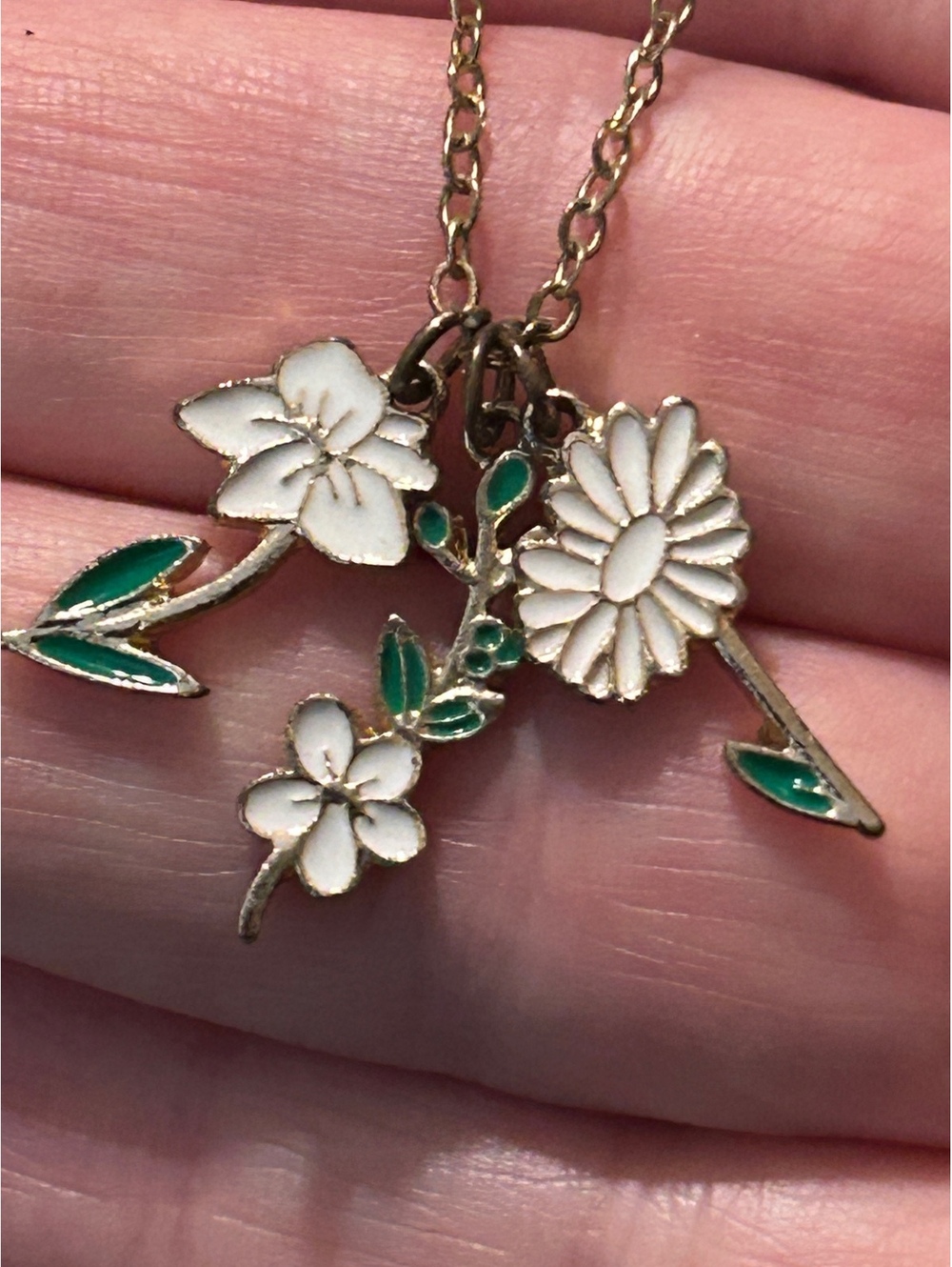 Delicate Gold Tone Floral Charm Necklace with White and Green Enamel